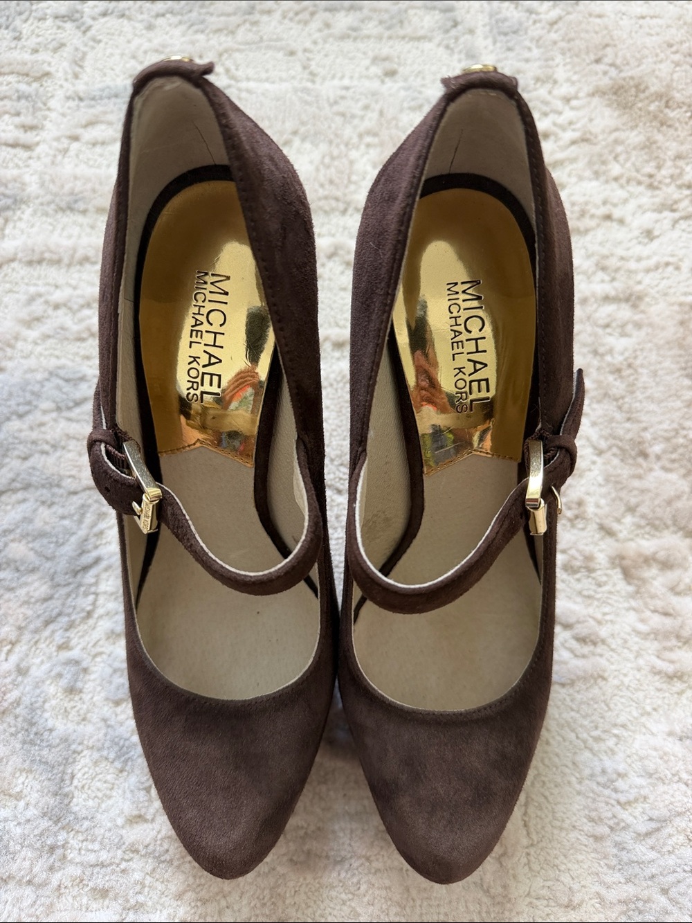 Michael Kors Brown Suede Mary Jane Heels with Gold Buckle